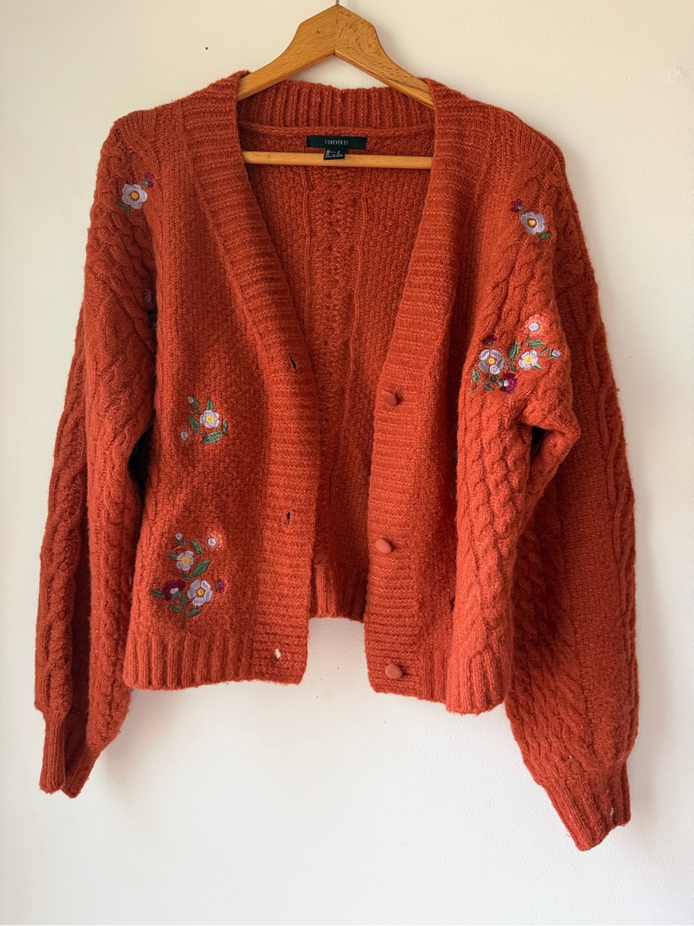 Forever 21 Rust Orange Floral Embroidered Cable Cardigan